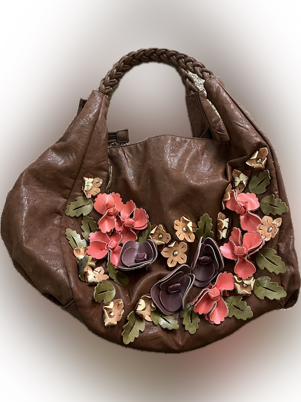 Brown fake Leather Tote with Pink & Purple Floral Appliqué
